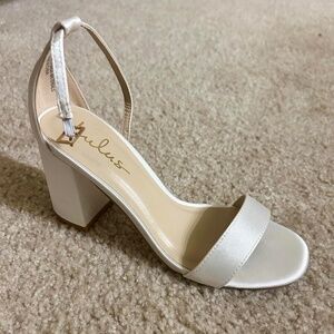Lulus White Satin Ankle Strap Heels (Size 6)